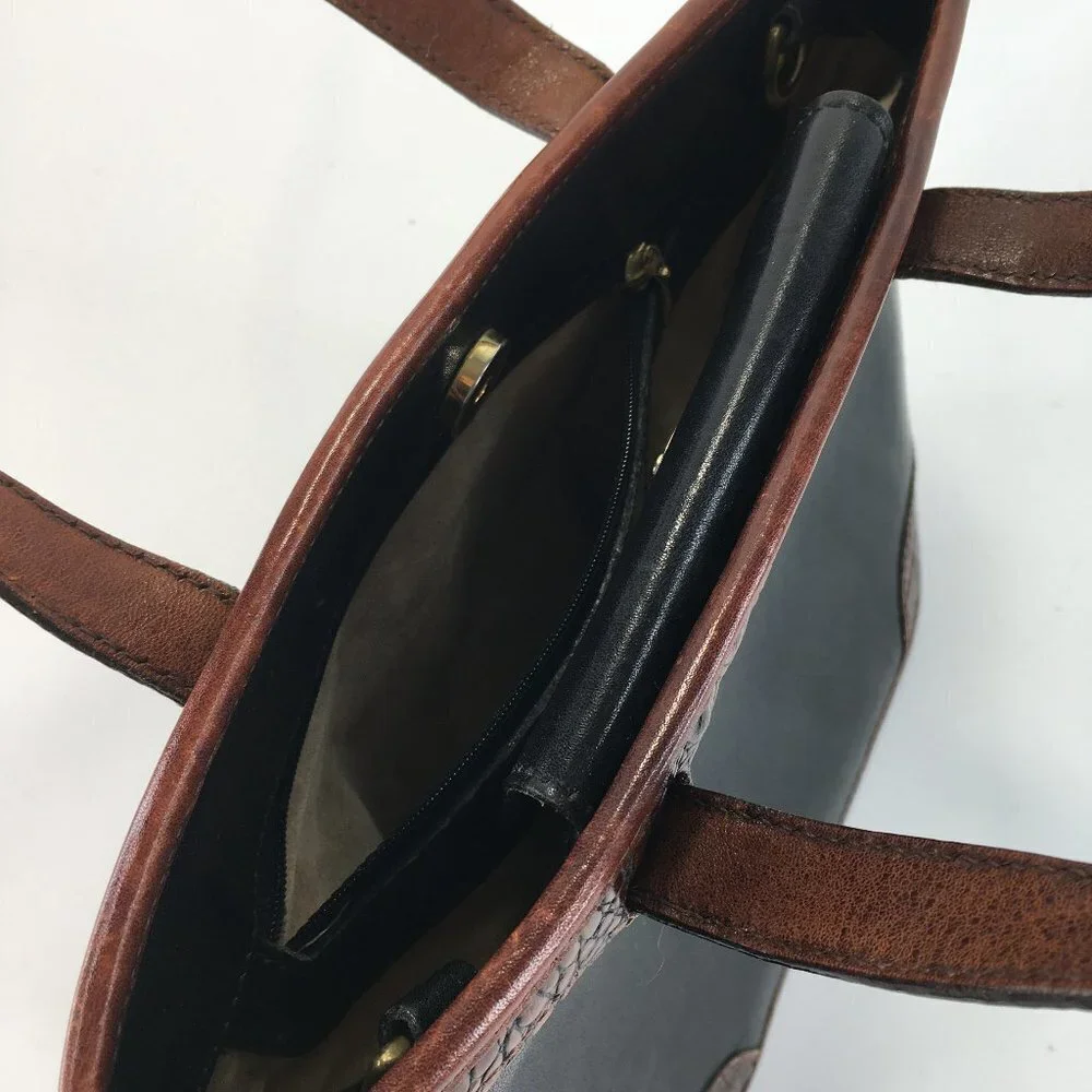 Brahmin Black and Brown Leather Croc Embossed Bucket Shoulder Hand Bag